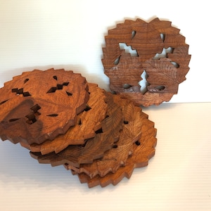 Vintage Set of 6 Wooden Trivets, Hand Carved Etched Cutout Leaves Made in India, 6"