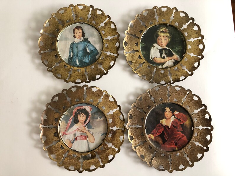 Vintage Set Of 4 Tin Brass Round Erfly Framed Pictures Girl And Boy Victorian Wall Decor Pinkie Blue Made In England