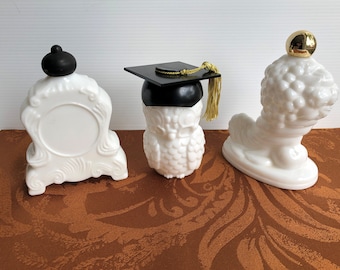 Vintage Lot of 3 Avon Bottles, Milk Glass Cornucopia, Clock and Hoot Owl