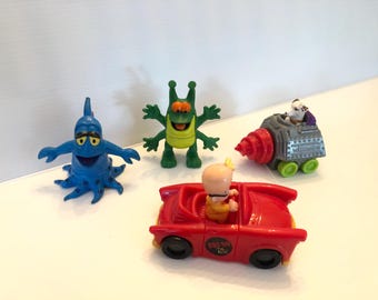 Lote antiguo de 4 juguetes de Wendy's Kids Meals, mezcla de Lime-Toid y Blu-Zoid Alien de 1989, Wishbone the Dog y Bruno the Kid de la década de 1990