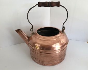Vintage Large Revere Copper Tea Kettle, Early 1900s Kettle (no lid) with Brass Brackets and Wood Handle