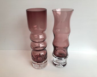 Vintage Set of 2 Amethyst Hand Blown Bubble Base Glass Vases, MCM Style Aseda Glasbruk Bo Borgstrom