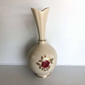 Vintage Lenox Ivory Porcelain Bud Vase Gold Trim Rhodora Pattern with Pink Rose Floral Design