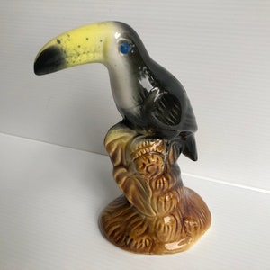 Vintage Ceramic Toucan Bird Figurine, 7 inch Toucan Perched on Tree Marked Brazil #204B