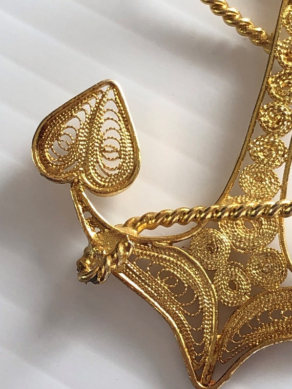 Vintage Filigree Gold Plated Anchor Pendant, 2.5" - image 4