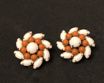 Vintage Flower Shaped Clip-On Earrings, Goldtone Setting with Coral and White Beads