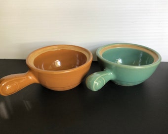 Vintage 2 Pottery Soup Crocks Bowls with Handle, Earthenware USA California 1940s