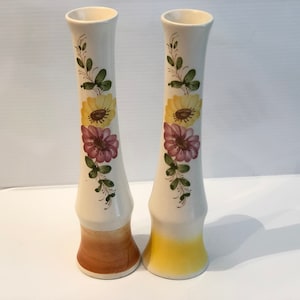 Vintage Pair of Sado Ceramic Bud Vases, Floral Satin Glaze Made in Portugal 8&quot; Tall FTD Vases