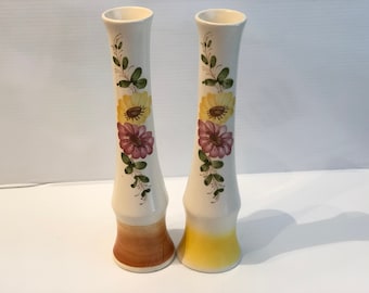 Vintage Pair of Sado Ceramic Bud Vases, Floral Satin Glaze Made in Portugal 8" Tall FTD Vases