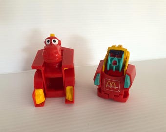 2 Happy Meals Changeables de McDonald's antiguos, Happy Meal-O-Don Dinosaurio y papas fritas McRobot