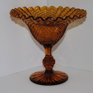 Vintage Amber Glass Pedestal Dish Crimped Ruffle Diamond Point Compote Candy Dish 6"