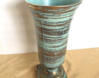 Vintage Stangl Pottery Vase: Aqua Teal & Gold Footed Goblet