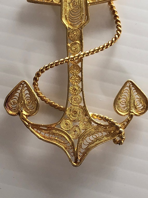 Vintage Filigree Gold Plated Anchor Pendant, 2.5" - image 5