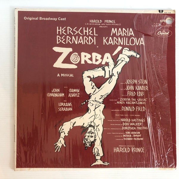 Vintage Vinyl LP Album "ZORBA A Musical" Harold Prince, Original Broadway Cast 1969 Herschel Bernardi and Maria Karnilova