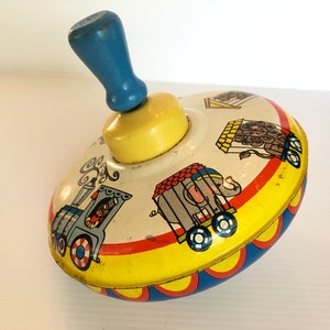 Vintage Tin Spiral Spinning Top Toy with Circus Animal Theme by Ohio Art