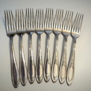 Vintage 8 Dinner Forks Oneida Community Par Plate &quot;Ardsley&quot; Pattern 1921 Silver Plate Silverware