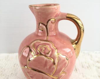 Vintage Glazed Pottery Pitcher/Vase with Bisque Rose Motif and Gold Accents 1940s