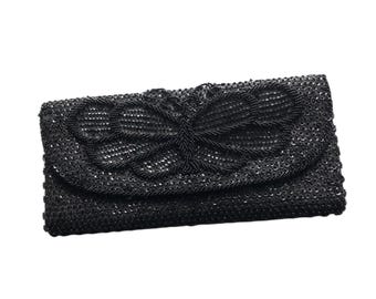 Clutch de noche vintage con cuentas negras y estampado de mariposas, Hong Kong