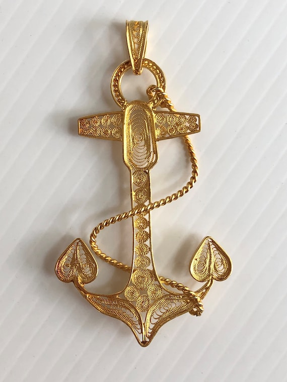 Vintage Filigree Gold Plated Anchor Pendant, 2.5" - image 3