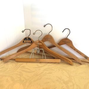 Vintage Lot of 4 Wooden Clothes Hangers Stamped, Old Hangers with Advertising, Wooden Hangers for Suits Trousers Coats