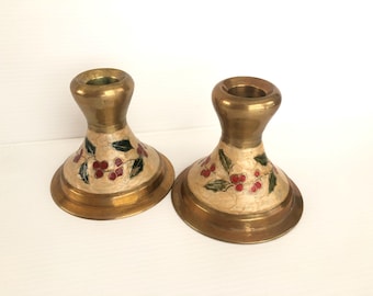 Vintage Pair of Brass Candlestick Holders with Christmas Holly Design of Enamel Finish, 3.5" tall