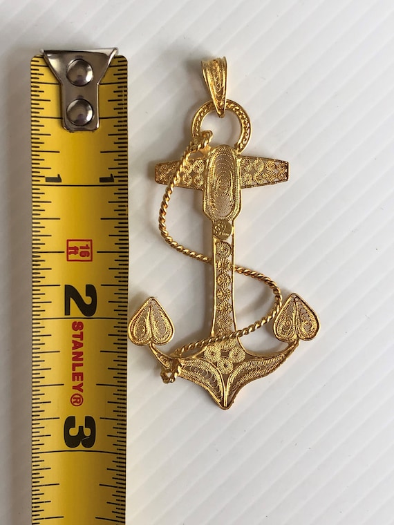 Vintage Filigree Gold Plated Anchor Pendant, 2.5" - image 8