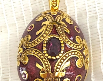 Vintage Joan Rivers Faberge Egg Pendant, Burgundy Enamel Gold Filigree with Purple Rhinestone