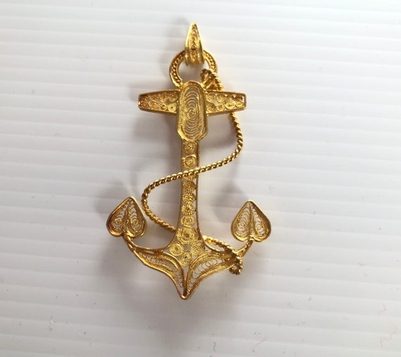 Vintage Filigree Gold Plated Anchor Pendant, 2.5" - image 1
