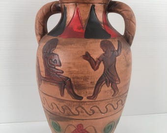 Vintage Terracotta Hand Painted Vase, 9" Egyptian/Greek Motif with Handles, 1960's