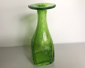 Vintage Hand Blown Glass Vase by Margie’s Garden 8", Green Bubbly Glass Textured Vase