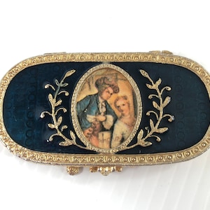 Vintage Estee Lauder Solid Perfume Compact, Small Oval Perfumed Compact Keepsake Victorian Style Bue and Gold