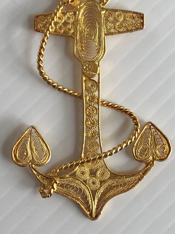 Vintage Filigree Gold Plated Anchor Pendant, 2.5" - image 7