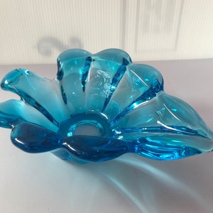 Vintage Aqua Blue Murano Style Glass Bowl, Leaf Design 9&quot;