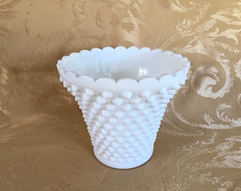 Vintage Fenton White Hobnail Vase, Flared Profile, Scalloped Rim Milk Glass Flower Pot Vase or Planter 5.5" Mid-Century