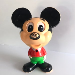 Vintage Talking Mickey Mouse Chatter Chum Plastic Figure, Disney Pull String Bobble Head Mickey Toy, Mattel 1976