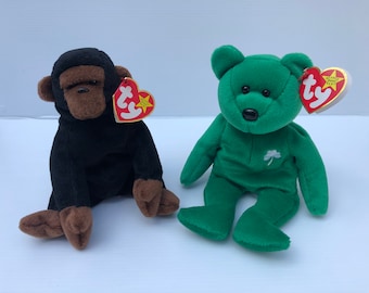 Conjunto vintage de 2 Beanie Babies, Congo el gorila y Erin la osa, Colección original de Beanie Babies de Ty de los años 90.