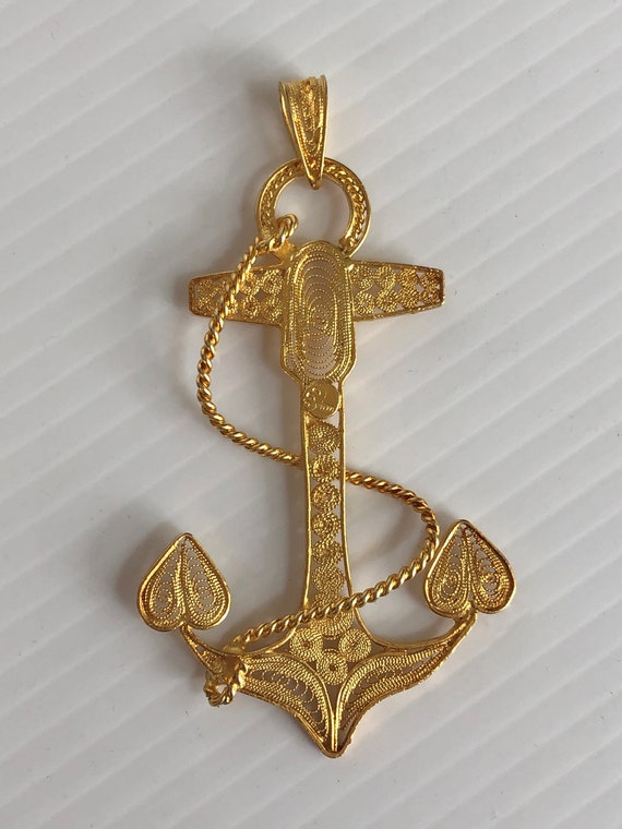Vintage Filigree Gold Plated Anchor Pendant, 2.5" - image 2