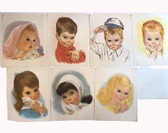 Vintage 1960s Pastel Art Prints, Children Faces, Set of 7