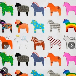 May include: A repeating pattern of colourful Dala horses on a white background. The horses are in various colours and designs, including green with lights, black with a fluffy mane, blue with polka dots, and orange with a scarf.