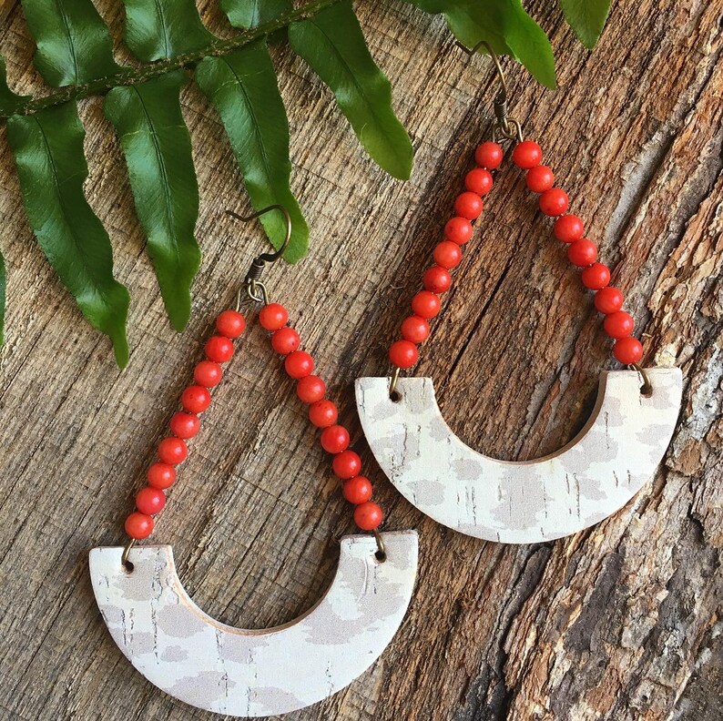 Cork earrings Bead earrings Boho chic earrings Gifts for her Leather earrings Cork and leather earrings