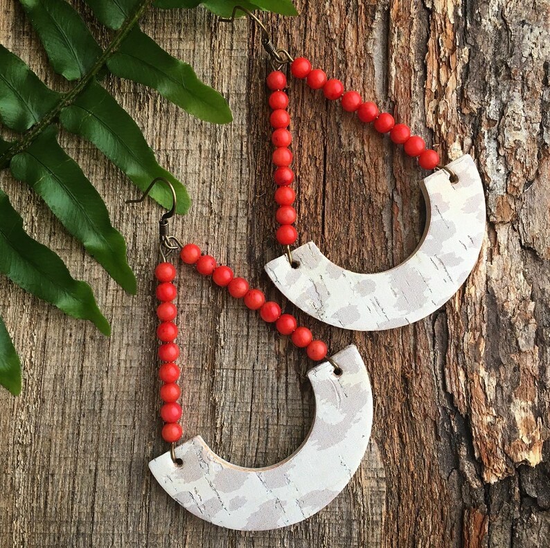 Cork earrings Bead earrings Boho chic earrings Gifts for her Leather earrings Cork and leather earrings