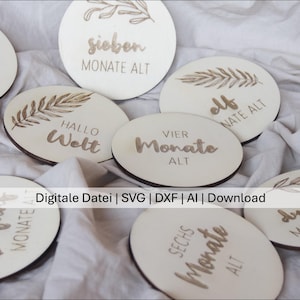 Peut inclure: Plusieurs disques en bois pour marquer les étapes de bébé, avec des inscriptions gravées et des illustrations botaniques. Les disques indiquent les mois et des phrases comme "Hallo Welt".