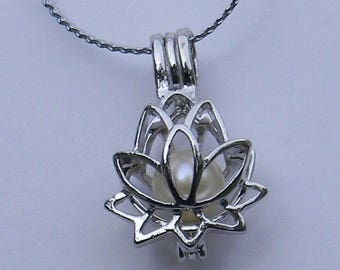 Lotus Cage Pendant & Pearl Necklace, gift for her, bridesmaid gift, June birthstone.