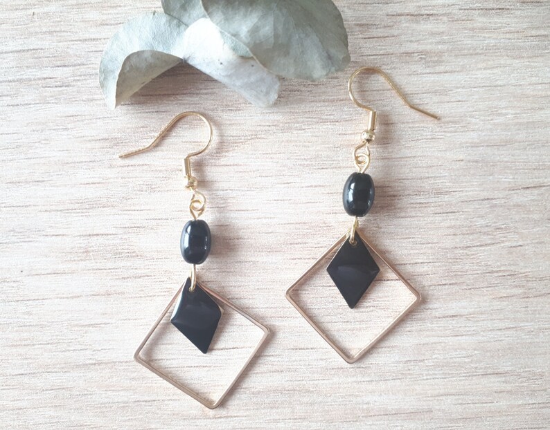 black enamel earrings black diamond earrings open diamond earrings Gold and black geometric earrings