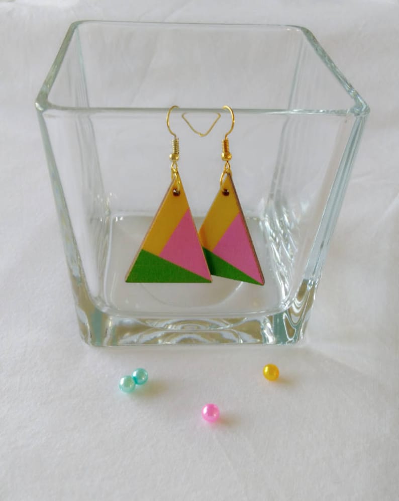 wooden geometric earrings triangle earrings colorful wooden earrings Wooden