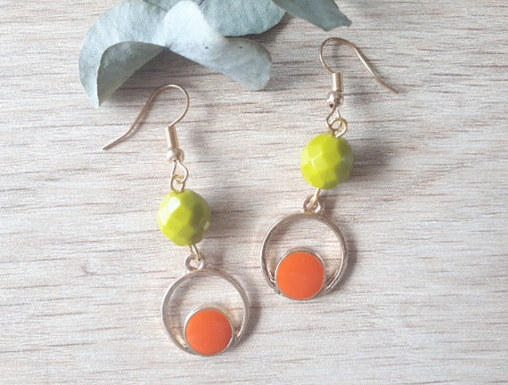 Orange and Green Earrings, Orange and Gold Earrings, Orange Enamel Earrings,  Bright Color Earrings - Etsy