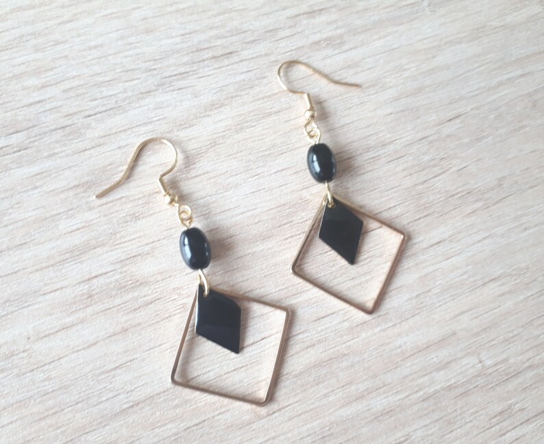 black enamel earrings black diamond earrings open diamond earrings Gold and black geometric earrings