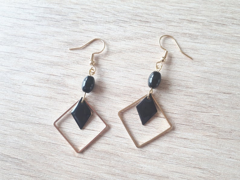 black enamel earrings black diamond earrings open diamond earrings Gold and black geometric earrings