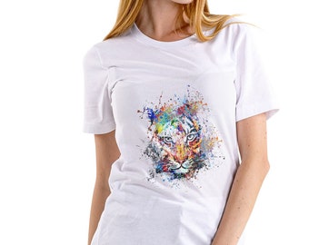 White unisex t-shirt with a colourful tiger, burst of colours, cheerful design