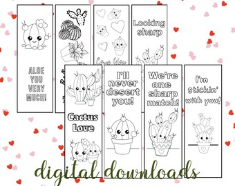 Segnalibri da colorare di San Valentino, segnalibri da colorare, segnalibri da colorare digitali, Scambio di San Valentino, segnalibri Cactus